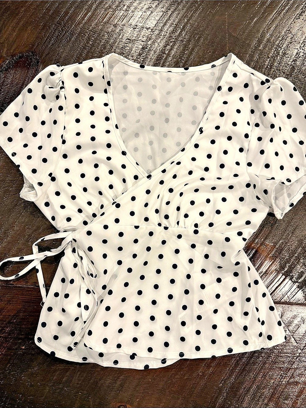 Polka Dot Wrap Blouse in White & Black - Picture 1 of 4